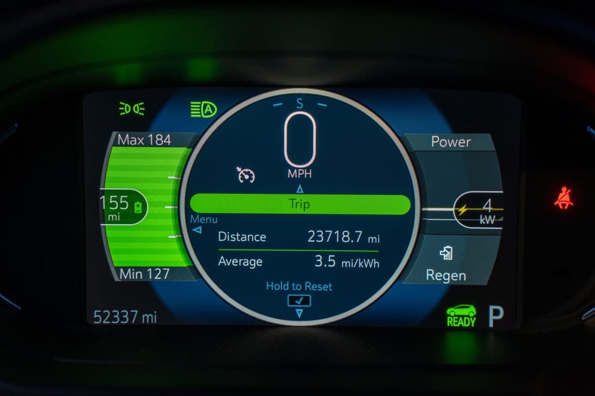 An electric car display showing battery and charging information